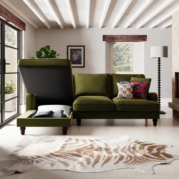 4-Seater Corner Sofa Bed with Chaise - Olive, Velvet