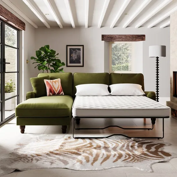 4-Seater Corner Sofa Bed with Chaise - Olive, Velvet