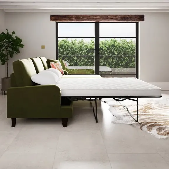 4-Seater Corner Sofa Bed with Chaise - Olive, Velvet