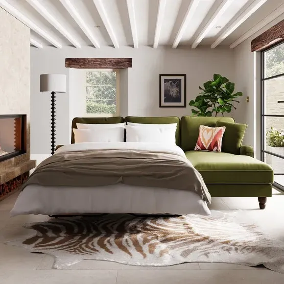 4-Seater Corner Sofa Bed with Chaise - Olive, Velvet