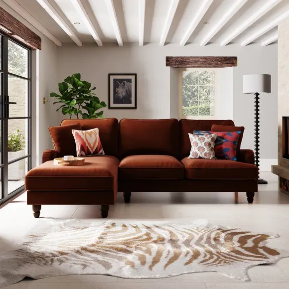 4-Seater Corner Sofa Bed with Chaise - Orange, Velvet
