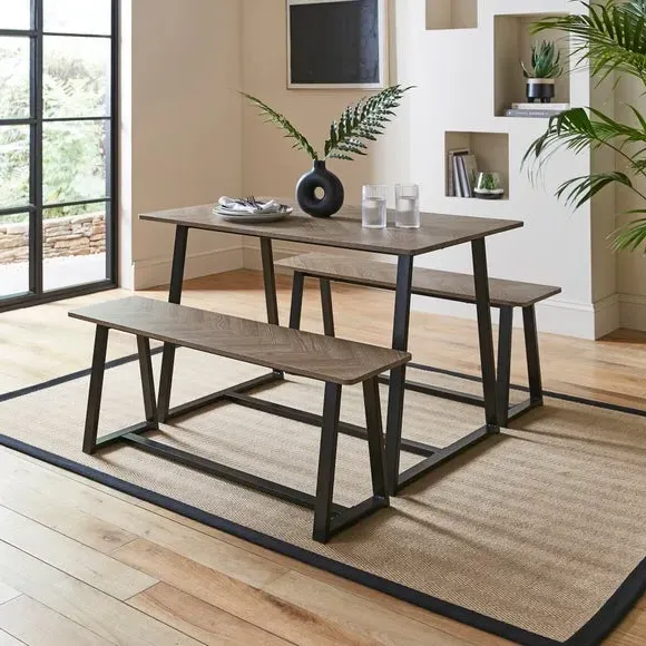 4-Seater Dining Set with Benches - Dark Wood image