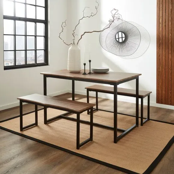 4-Seater Dining Set with Benches - Oak, Steel