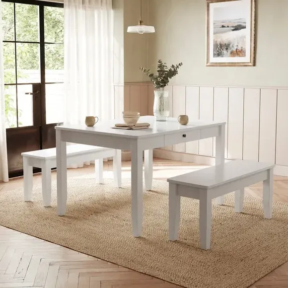 4-Seater Dining Table and Bench Set - White, Wood