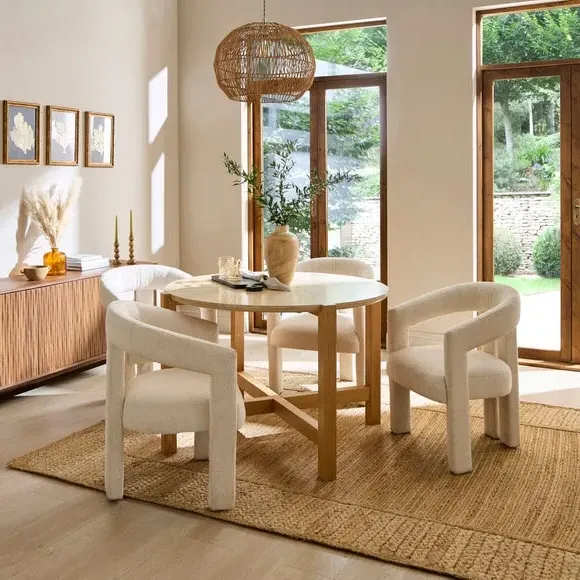 4-Seater Round Dining Table - Oak, Travertine