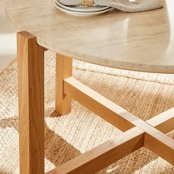 4-Seater Round Dining Table - Oak, Travertine