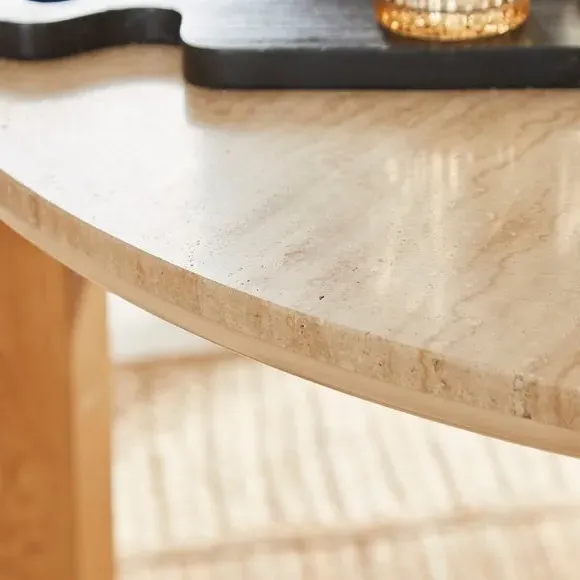 4-Seater Round Dining Table - Oak, Travertine