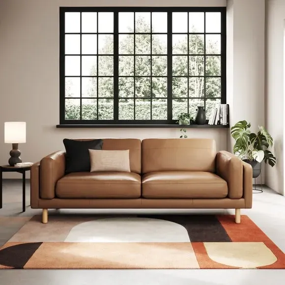 4-Seater Sofa with Piped Edge - Tan, Leather