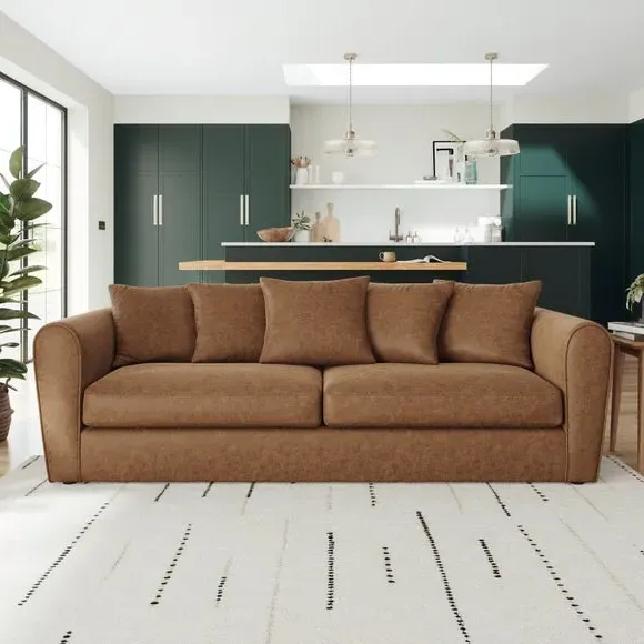 4-Seater Sofa with Roll Arms - Tan, Faux Leather