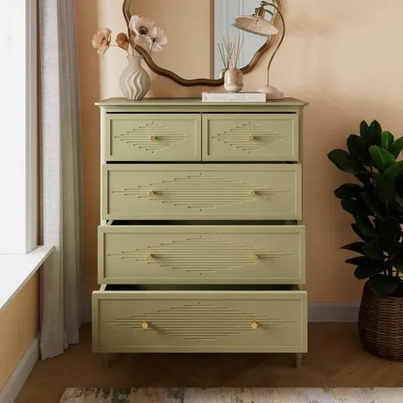 5-Drawer Chest with Gold Hardware - Olive, Wood
