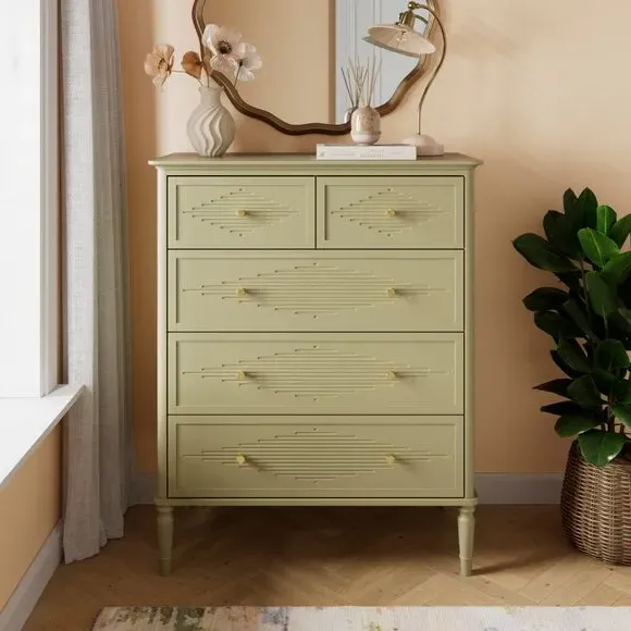 5-Drawer Chest with Gold Hardware - Olive, Wood image