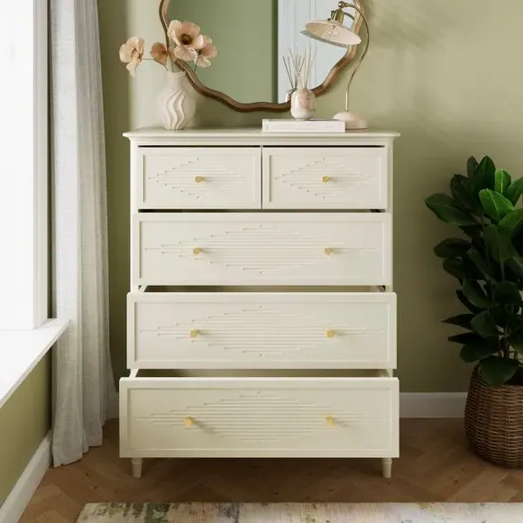 5-Drawer Chest with Gold Hardware - Stone, Wood