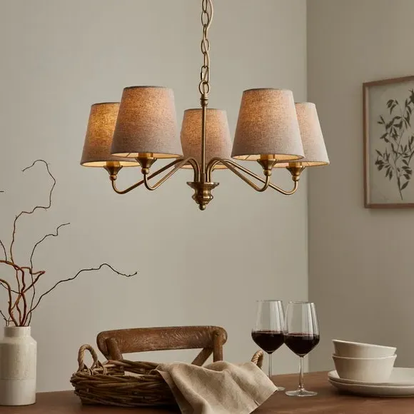 5-Light Chandelier with Linen Shades - Gold Metal image