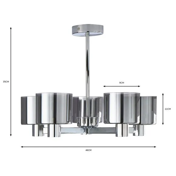 5-Light Semi Flush Ceiling Light - Grey, Metal