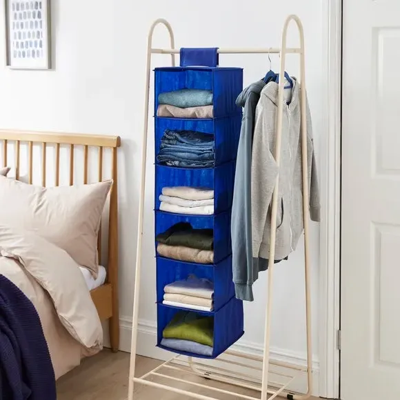 6-Compartment Hanging Organiser - Blue, Fabric