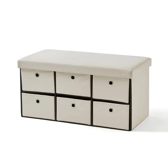6-Drawer Foldable Ottoman - Cream, Faux Linen