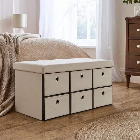 6-Drawer Foldable Ottoman - Cream, Faux Linen image