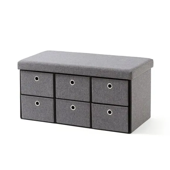6-Drawer Foldable Ottoman - Grey, Faux Linen