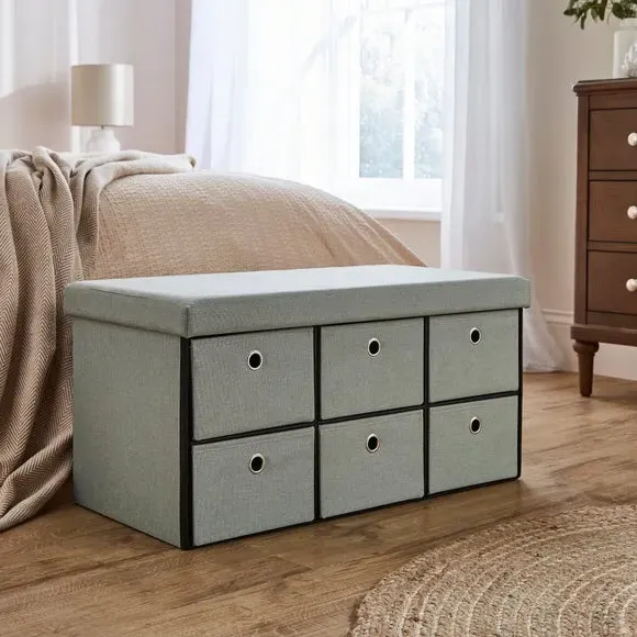 6-Drawer Foldable Ottoman - Sage, Faux Linen