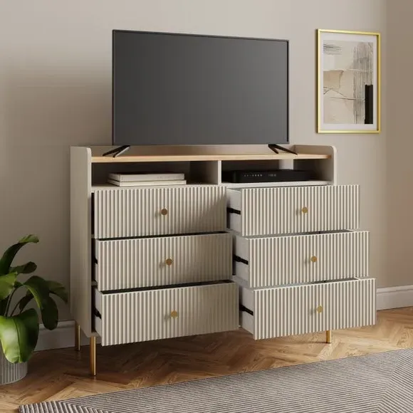 6-Drawer TV Chest with Ribbed Detail - Natural