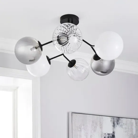 6-Light Semi Flush Ceiling Light - Black, Metal