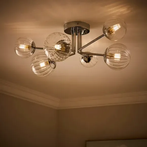 6 Light Semi Flush Ceiling Light - Silver, Glass