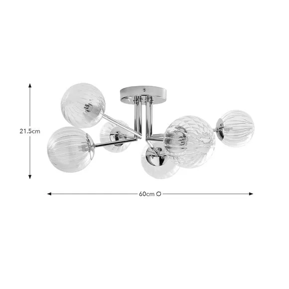 6 Light Semi Flush Ceiling Light - Silver, Glass