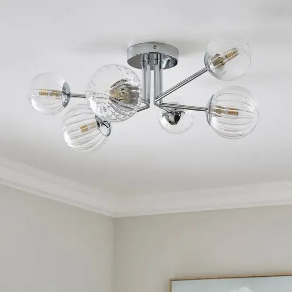 6 Light Semi Flush Ceiling Light - Silver, Glass image