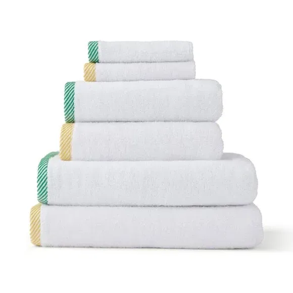 6-Piece Towel Set with Coloured Hem - White