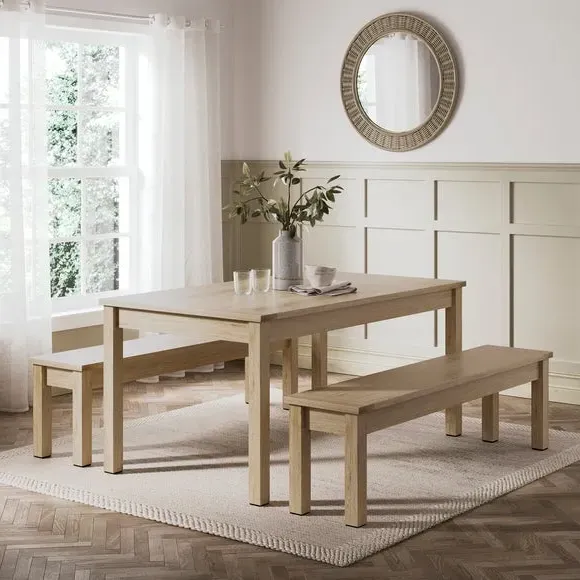 6-Seater Dining Table and Bench Set - Oak