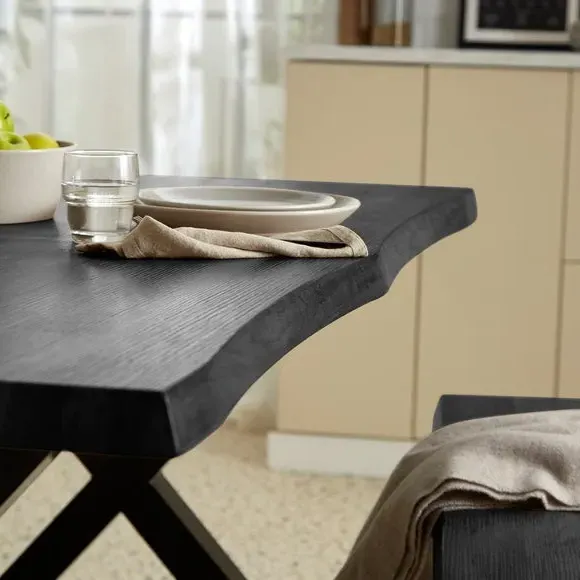 6-Seater Dining Table with 2 Benches - Black, Wood