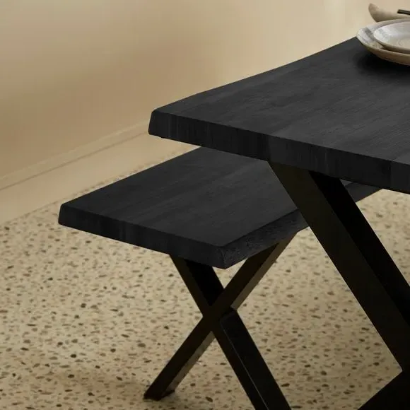 6-Seater Dining Table with 2 Benches - Black, Wood