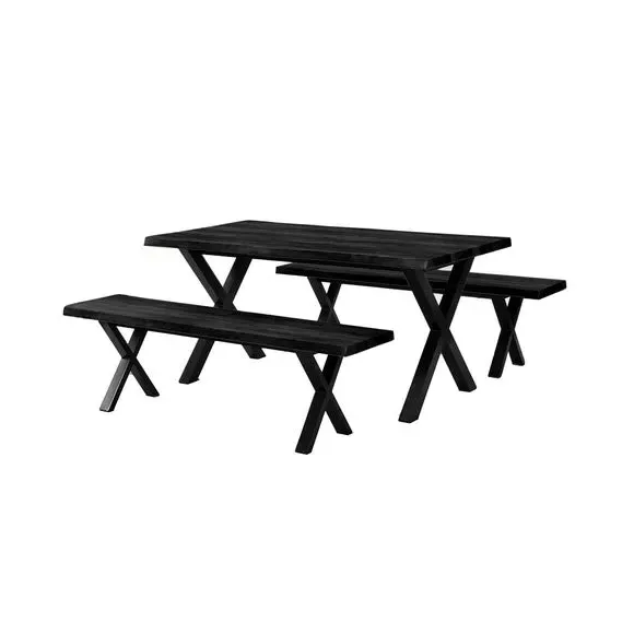 6-Seater Dining Table with 2 Benches - Black, Wood
