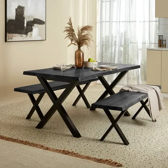 6-Seater Dining Table with 2 Benches - Black, Wood image