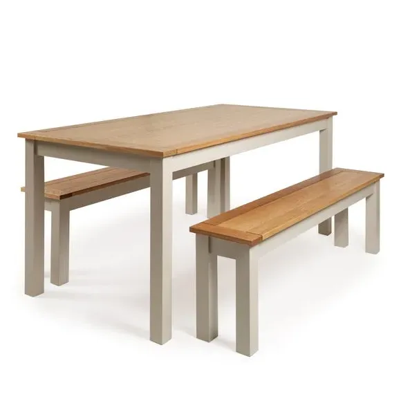 6-Seater Dining Table with 2 Benches - Grey, Pine