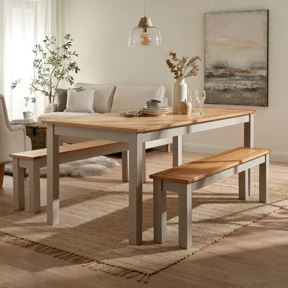 6-Seater Dining Table with 2 Benches - Grey, Pine image