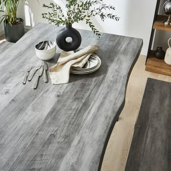 6-Seater Dining Table with 2 Benches - Grey, Wood