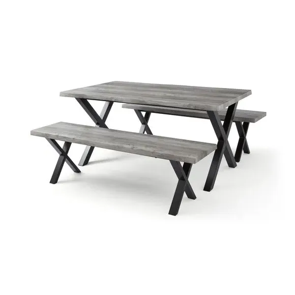 6-Seater Dining Table with 2 Benches - Grey, Wood