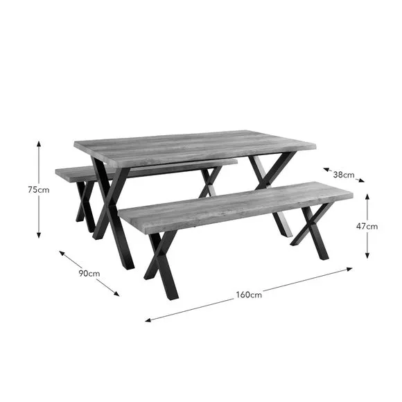 6-Seater Dining Table with 2 Benches - Grey, Wood