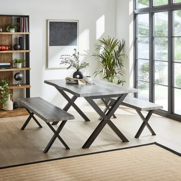6-Seater Dining Table with 2 Benches - Grey, Wood