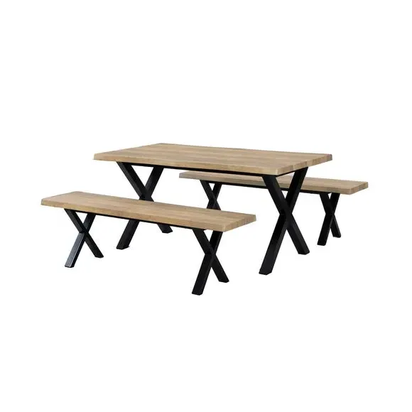 6-Seater Dining Table with 2 Benches - Light Wood