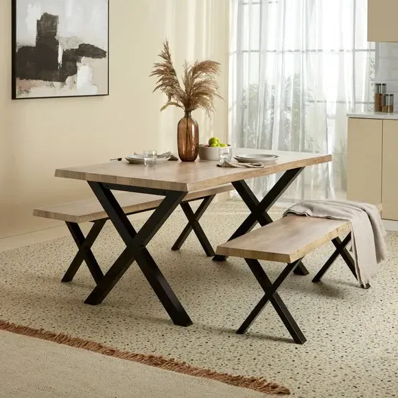 6-Seater Dining Table with 2 Benches - Light Wood