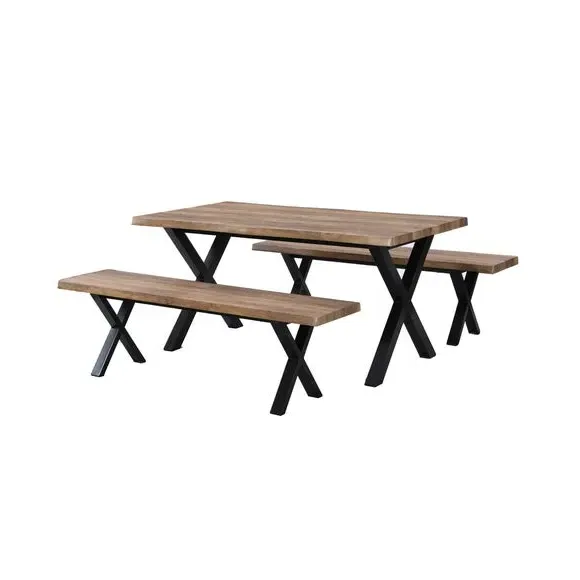 6-Seater Dining Table with 2 Benches - Oak, Wood