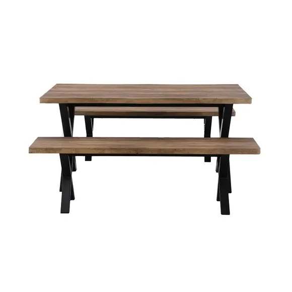 6-Seater Dining Table with 2 Benches - Oak, Wood