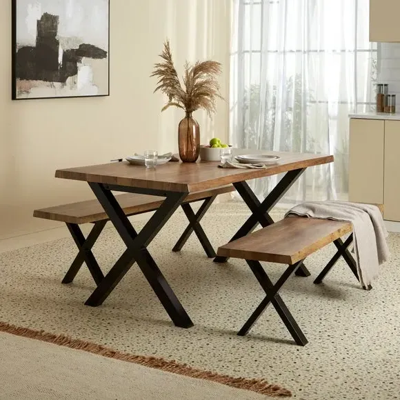 6-Seater Dining Table with 2 Benches - Oak, Wood