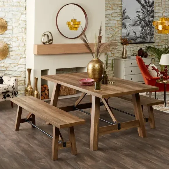 6-Seater Trestle Dining Set with Bench - Pine image