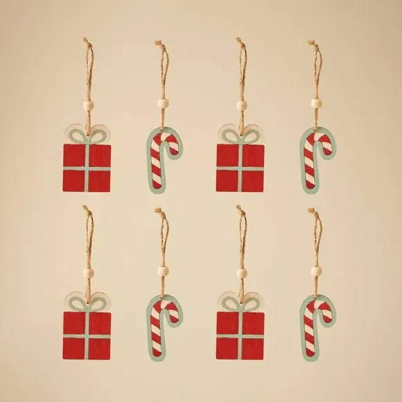 8-Piece Christmas Ornament Set - Red, Wood
