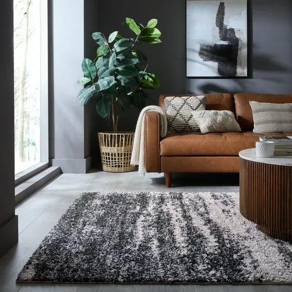 Abstract Rug with Shaggy Pile - Grey, Polypropylene