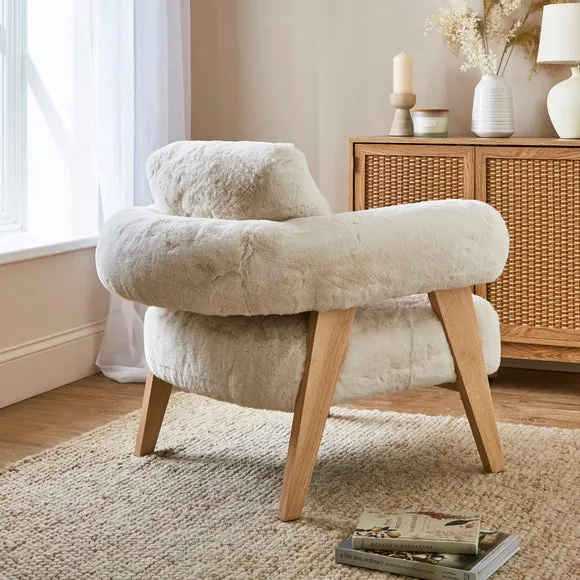 Accent Chair with Faux Fur - Ivory, Wood Frame