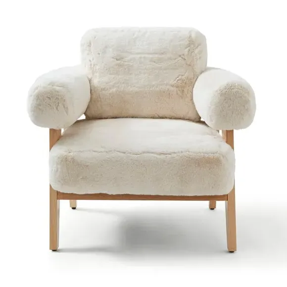 Accent Chair with Faux Fur - Ivory, Wood Frame